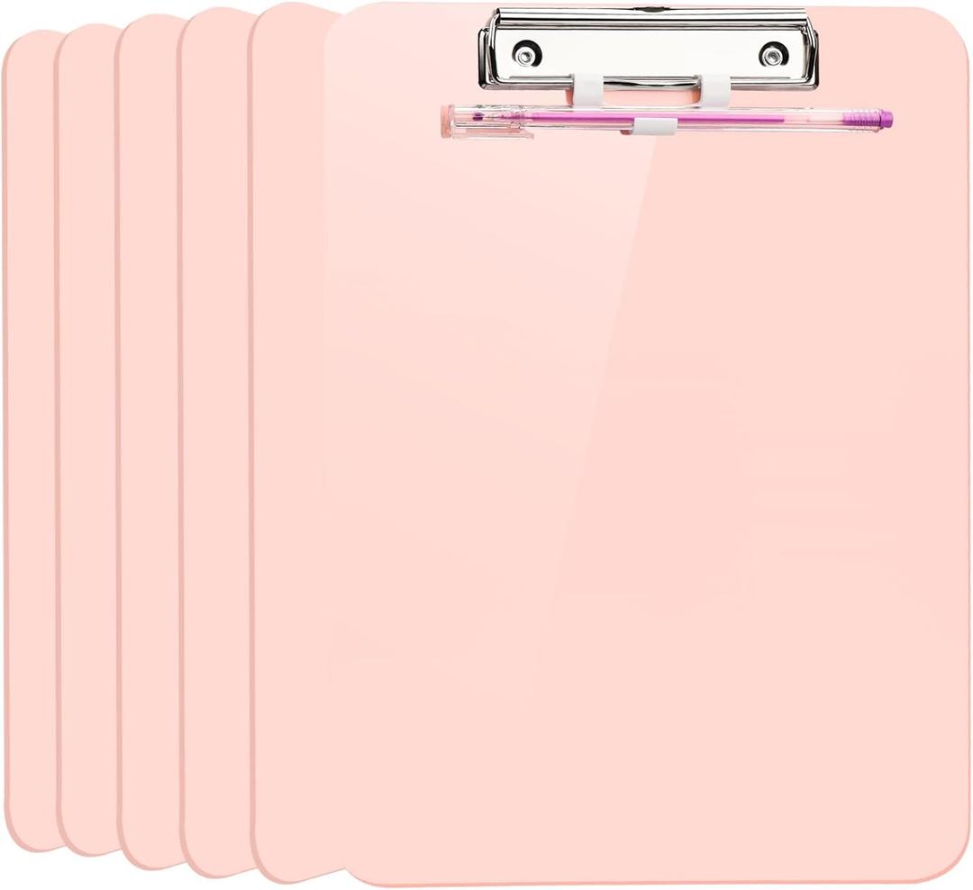 6 PCS A4 Clipboards,Plastic Clipboard with Pen Holder,Clip Boards 8.5x11 with Low Profile Clip,Cute Hanging Clipboard for School Office Supplies Clipboards for Kids,Portable Clip Board for Nurse-Pink