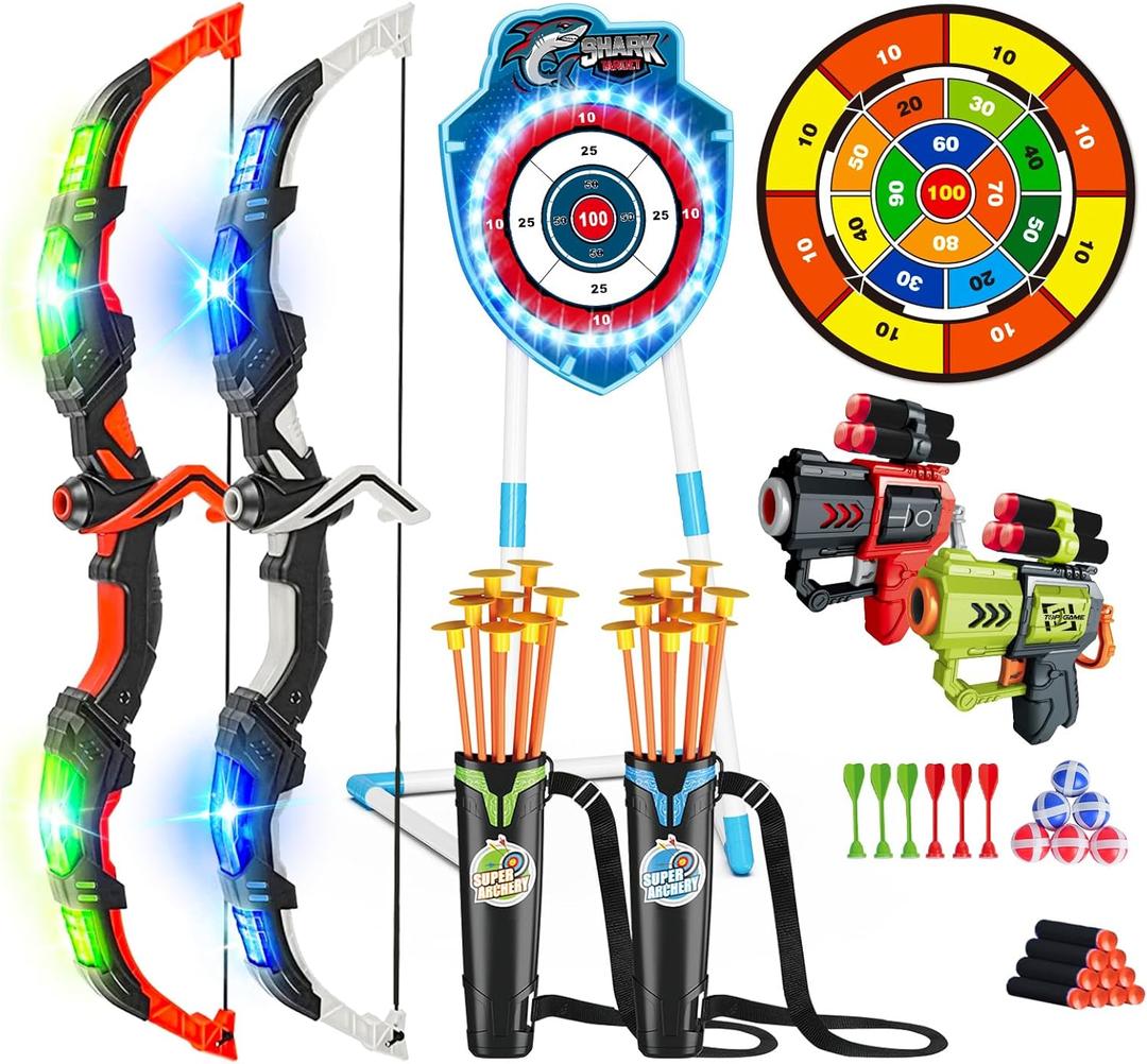 VATOS 2 Pack Bow and Arrow Toy with LED Light - 4 in 1 Archery & Dart Game Set with 20 Suction Cup Arrows, Shark Glow Target & Dart Board - Indoor/Outdoor Birthday Gift for Kids Boys Girls Ages 5-12 (Blue)