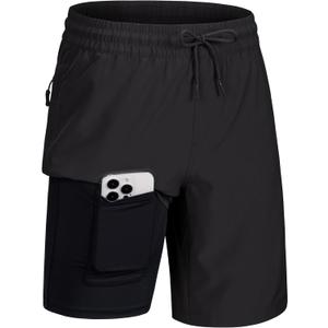 MAGCOMSEN Men's Swim Trunks with Compression Liner 9" Quick Dry Beach Shorts with Zipper Pockets (Black)