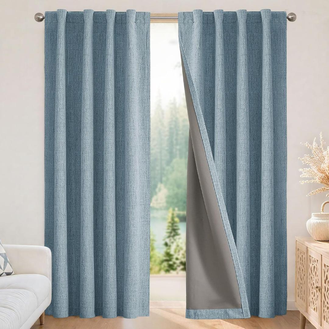 Joydeco Blackout Curtains for Bedroom - 84 Inch Long 100% Light Blocking 2 Panels Sky Blue Drapes, Thermal Insulated Room Darkening Curtains, Linen Textured for Living Room, Rod Pocket & Back Tabs