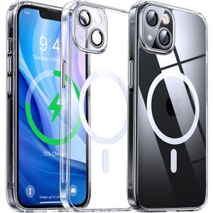 Magnetic Hybrid Clear Case for iPhone 13 - [Compatible with MagSafe] [Built-in Camera Protector] [Not Yellowing] Hard Transparent Back Silicone Edge Phone Case Cover, 6.1", Clear