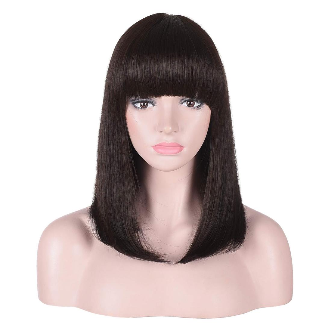 15 Inch Short Straight Dark Brown Bob Wig with Bangs | Natural Heat Resistant Synthetic Hair for Women Daily Wear (Brown)