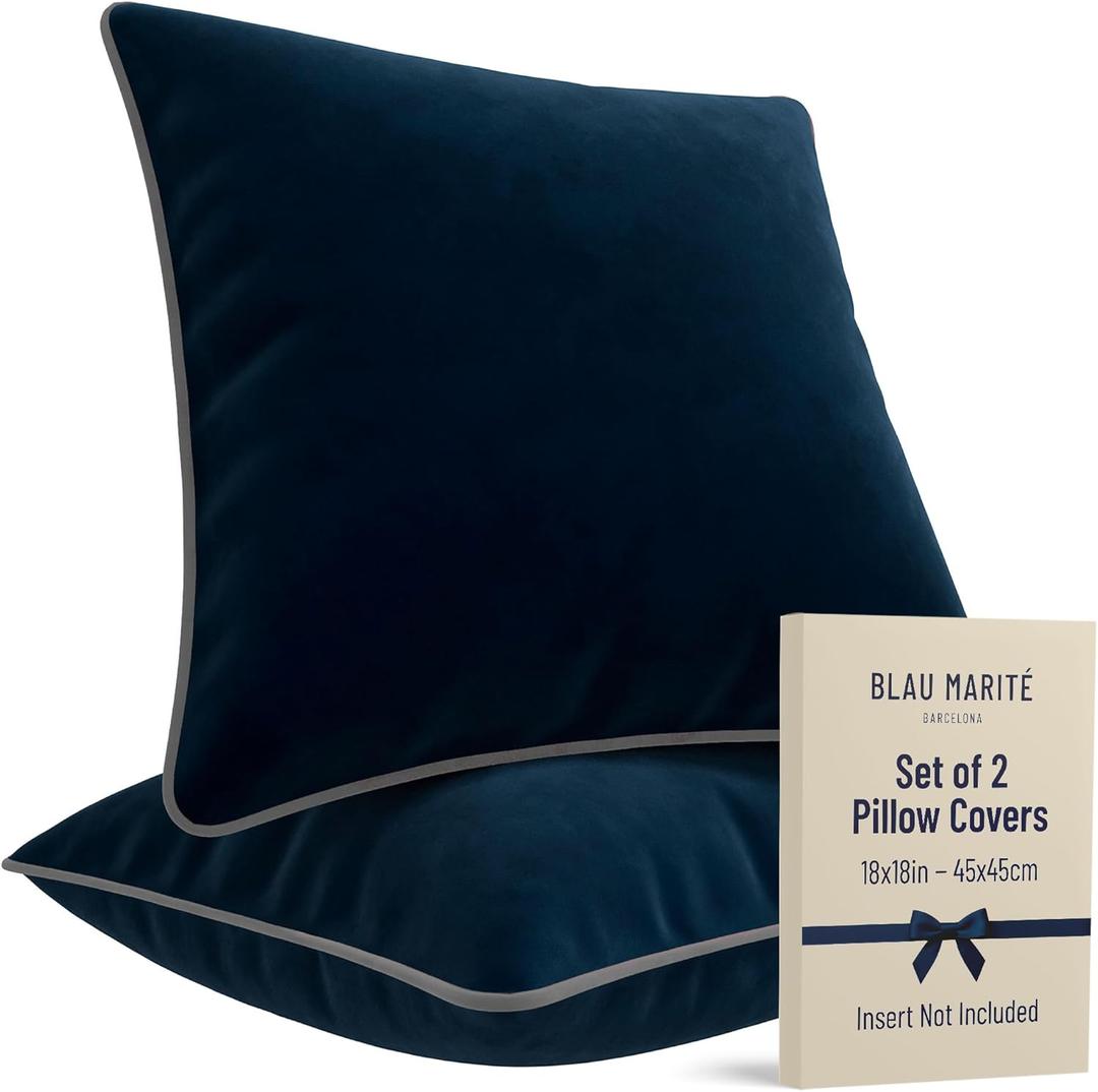 Blau Marité 2 Pack Velvet Decorative Throw Pillow Covers, 18"x18", Navy Blue and Grey, Solid, Modern, Contrast Piping, Indoor Use, Bedroom & Living Room