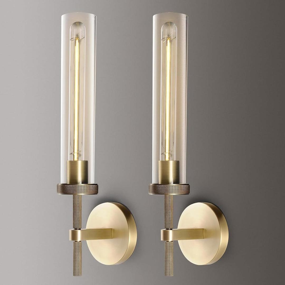 Brass Knurled Wall Sconce 20", Bathroom Wall Sconce Set of Two,Glass Tube Brass Sconces Wall Lighting,Bathroom Sconces Side of Mirror,Vanity Sconce Lights for Bath,Including E26 Light Bulbs