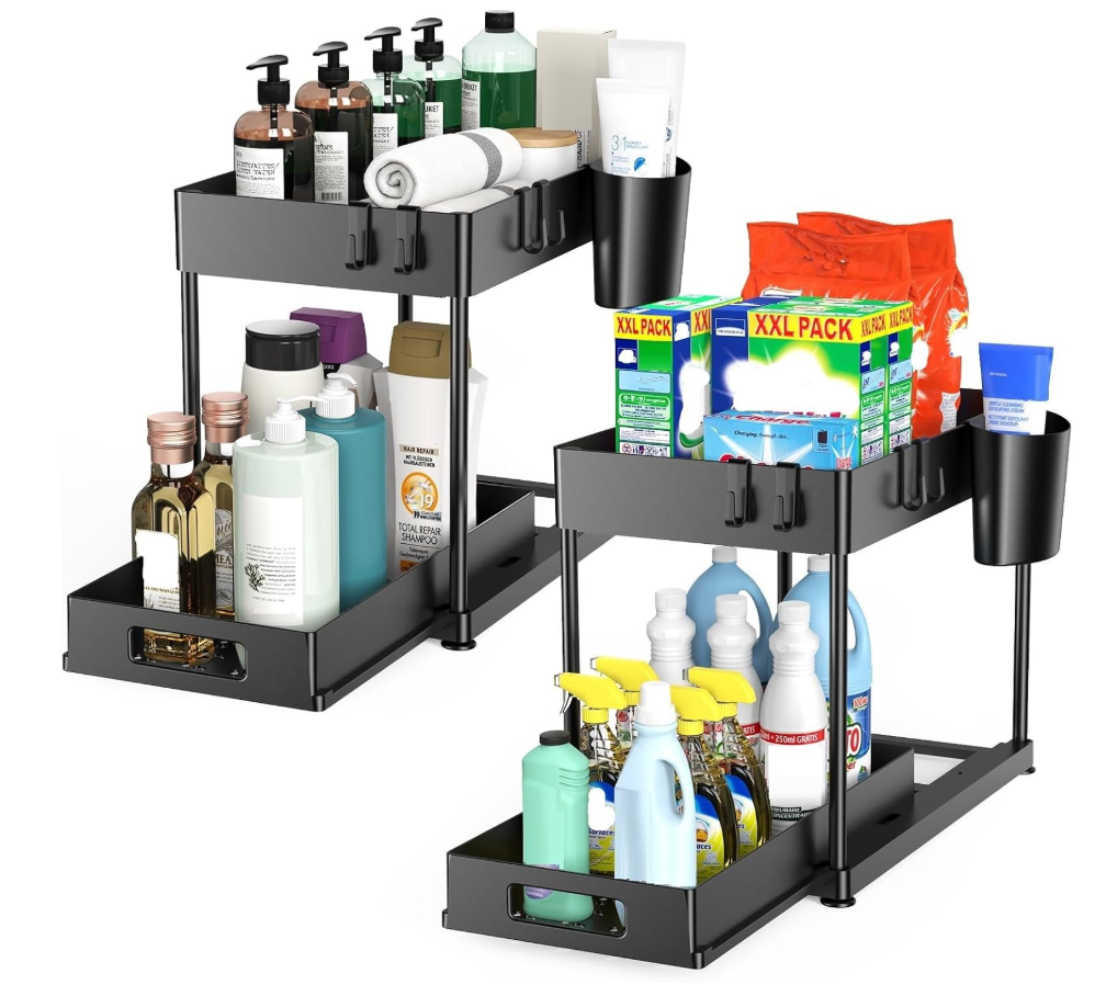 2 Pack Under Sink Organizer with Pull-Out Drawer, Black | 2-Tier Cabinet Storage, Kitchen & Bathroom, Tool-Free Assembly, Fits Cleaning Supplies & Toiletries, Space Saving