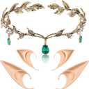 FRESHME Elf Ears with Crown Set, Soft Fairy Ears and Crystal Crown Headband for Women Halloween Cosplay Costume Party