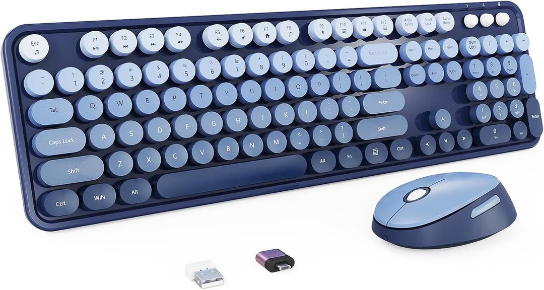 Nowlike Wireless Keyboard and Mouse Combo, Retro Typewriter Keyboard with Round Keycaps, FullSize Ergonomic, Blue, Ideal for Windows PC, Home, Office, and College, Wireless Keyboard Mouse Combo