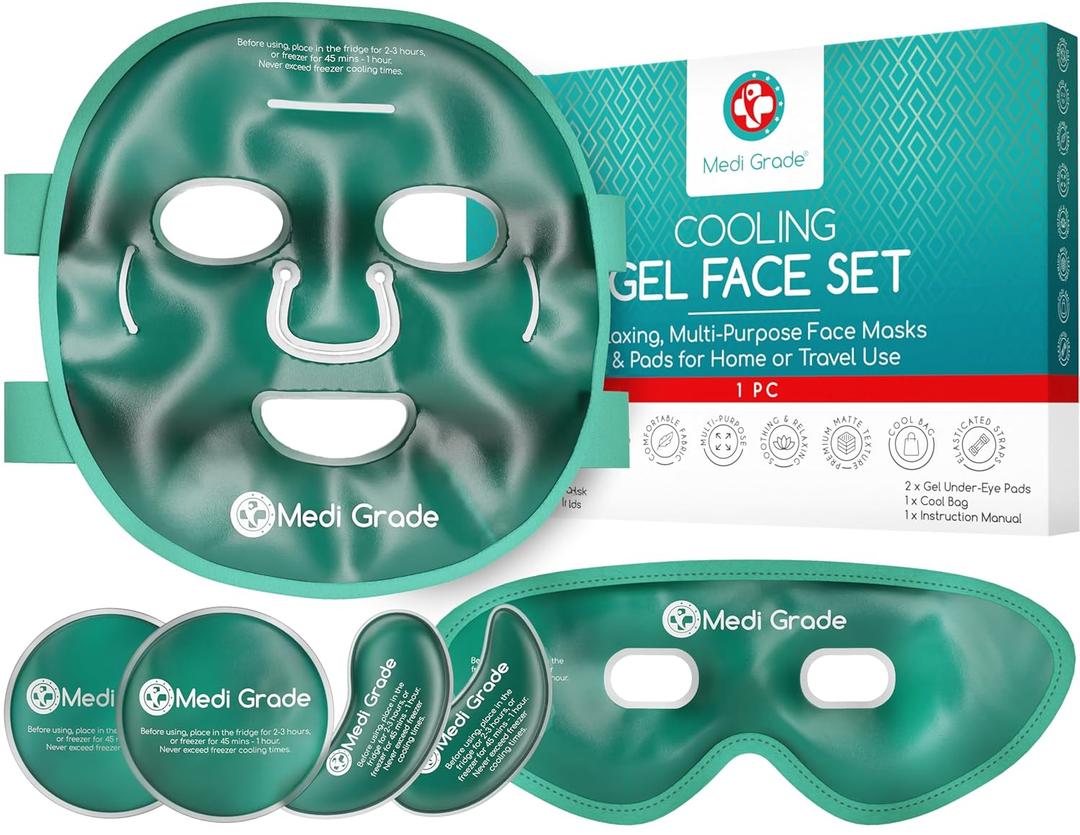 Medi Grade Cooling Ice Face Mask and Cooling Eye Mask for Puffy Eyes & Migraine Relief - Self Care Face Ice Pack with ChillGel Face Ice Mask Technology - Cooling Face Mask, Eye Pads and Bag (Green)