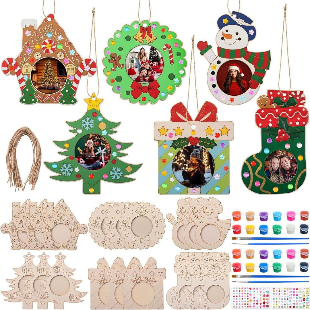 Blueweenly 24 Pcs Wood Unfinished Christmas Photo Frame Ornaments Craft Kit DIY Christmas Tree Snowman Gingerbread House 3D Picture Ornament with Brushes Gem Stickers for Activity Gift 6 Styles