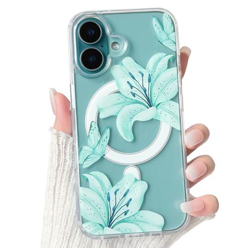 NITITOP Compatible with iPhone 16 Case Clear Magnetic Compatible with MagSafe Cute Lily Flowers Floral for Women Girls Hard PC Back Shockproof Protective Phone Cover - Green