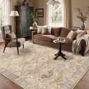 Bavni 9x12 Area Rug Washable Rug for Living Room Bedroom, Vintage Print Carpet, Low Pile Lightweight Mat with Non Slip Backing, Pale Warm Yellow