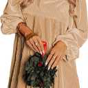 miduo Womens Loose Fit Square Neck Long Sleeve Velvet Mini Babydoll Dresses Shift Dress (X-Large, Khaki)