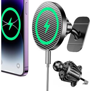 Coolpow for Magsafe Car Mount Charger100% Stable15W Magsafe Car Charger Magnetic Phone Holders for Your Car Accessories for Women Men car Phone Holder Wireless Car Charger for iPhone (Carbon Fiber)