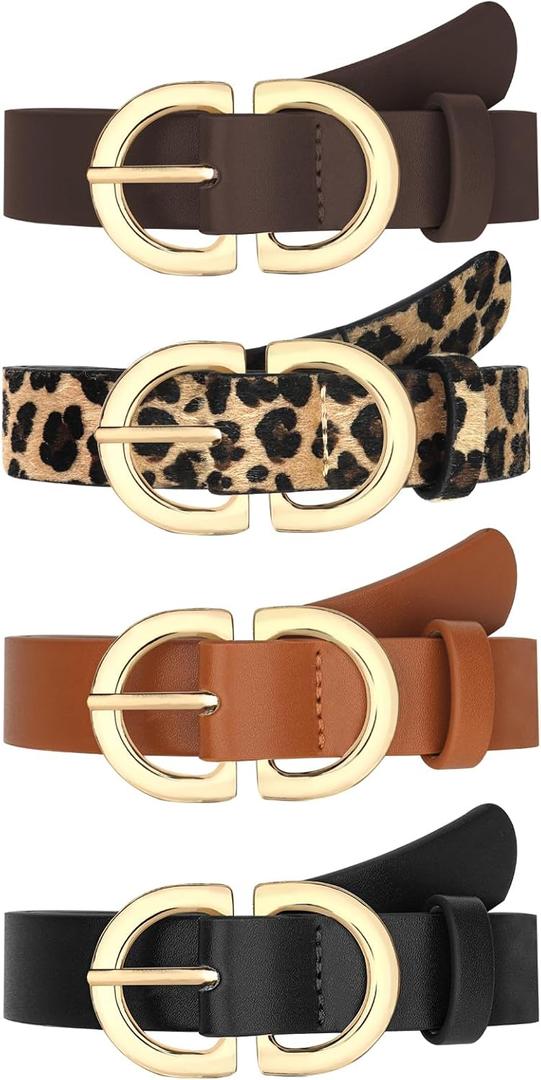 YARIEW 4 Pack Leopard Belts for Women Leather Belts for Jeans Pants Ladies Dress Belt Waist Belt with Gold Buckle (M: Fit Waist Size 32-37 Inches, Dark Brown, Black, Light Brown, Leopard)
