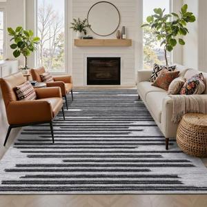GarveeHome 8x10 Washable Living Room Rug Modern Striped Non Slip Low Pile Indoor Carpet for Home Office Bedroom Dining Room Geometric Stain Resistant Simple Rugs, Beige Black