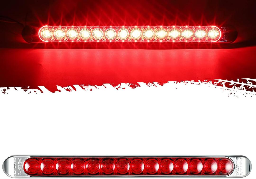 Partsam 17 Inch 14 LED Red Trailer Light Bar Strip [Brake + Sequential Turn Signal] with Chrome Housing and High Low Brightness for Running Marker Brake Stop Turn Tail Light, 10V-30V IP67 Waterproof