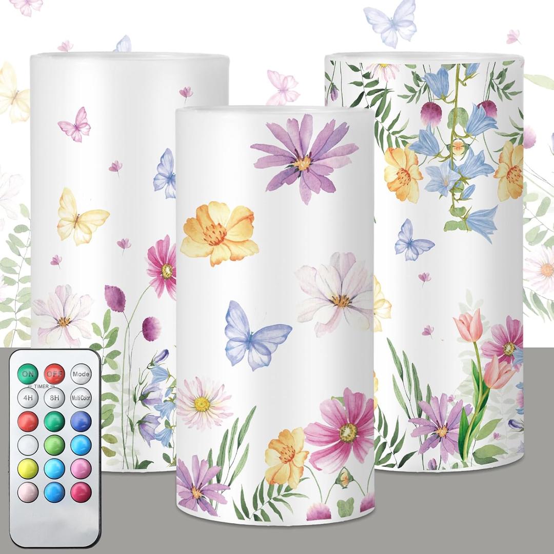 ROCEEI 3 Pcs Spring Candles Wildflower Flameless LED Lights with Timer Battery Operated Flickering Real Wax Candles with Remote Floral Gifts Spring Decoration for Wedding Table Ornament Home Decor