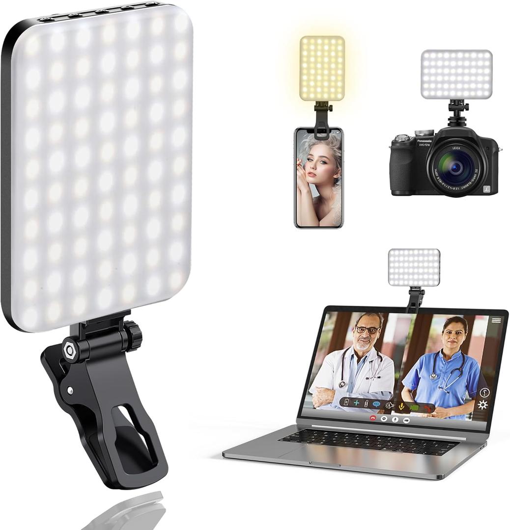 60 LED Portable Selfie Light Video Conference Lighting with Clip & Camera Tripod Adapter Rechargeable 2200mAh CRI 97+, 3 Light Modes for Phone iPhone Webcam Laptop Photo Makeup (Black)