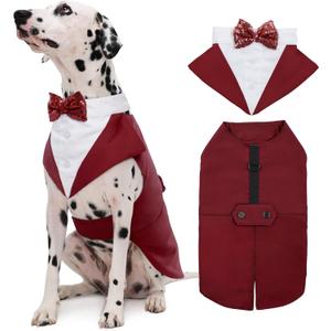 Kuoser Dog Tuxedo Dog Suit and Bandana Set, Dogs Tuxedo Wedding Party Suit, Doggy Prince Bow Tie Shirt Formal Pet Wedding Attire for Large Medium and Small Dogs Golden Retriever Samo Bulldogs (Large (pack of 1), Wine Red)