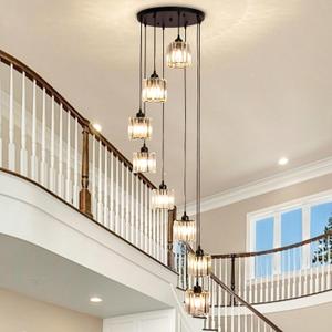 High Ceiling Long Pendant Light Fixtures Modern Crystal Hanging Chandeliers Flush Mount Ceiling Light for Spiral Staircase Entryway Foyer, Black (8-Lights)