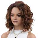 RENERSHOW Layered Short Wigs Ombre Brown Wavy Bob Wigs for Women Shoulder Length Brown Wave Curly Bobo Synthetic Casual Wig Natural Looking Daily Party Use