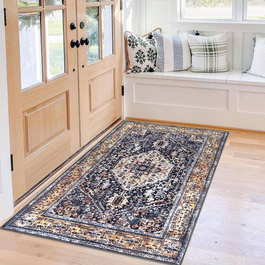 KOZYFLY Boho Area Rug 3x5 Ft Rugs for Entryway Washable Entry Rug Non Slip Door Mat Indoor Entrance Gold Navy Printed Faux Wool Vintage Kitchen Rug Throw Rugs for Entrance Kitchen Living Room
