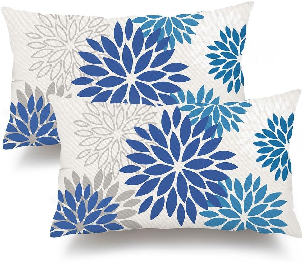 DFXSZ Blue Flower Pillow Covers 12x20 Inch Set of 2 Dark and Light Blue Colored Pillow Outdoor Waterproof Decor for Patio Funiture Garden Summer Floral Square Polyester pillowcovers 002E12