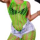 Sexy Fishnet Jumpsuit, Rave Glow Outfits, Size Fit 0-18, Mesh Wear Dancer Exotic Dancewear Lace Bodystocking (Neon Green)
