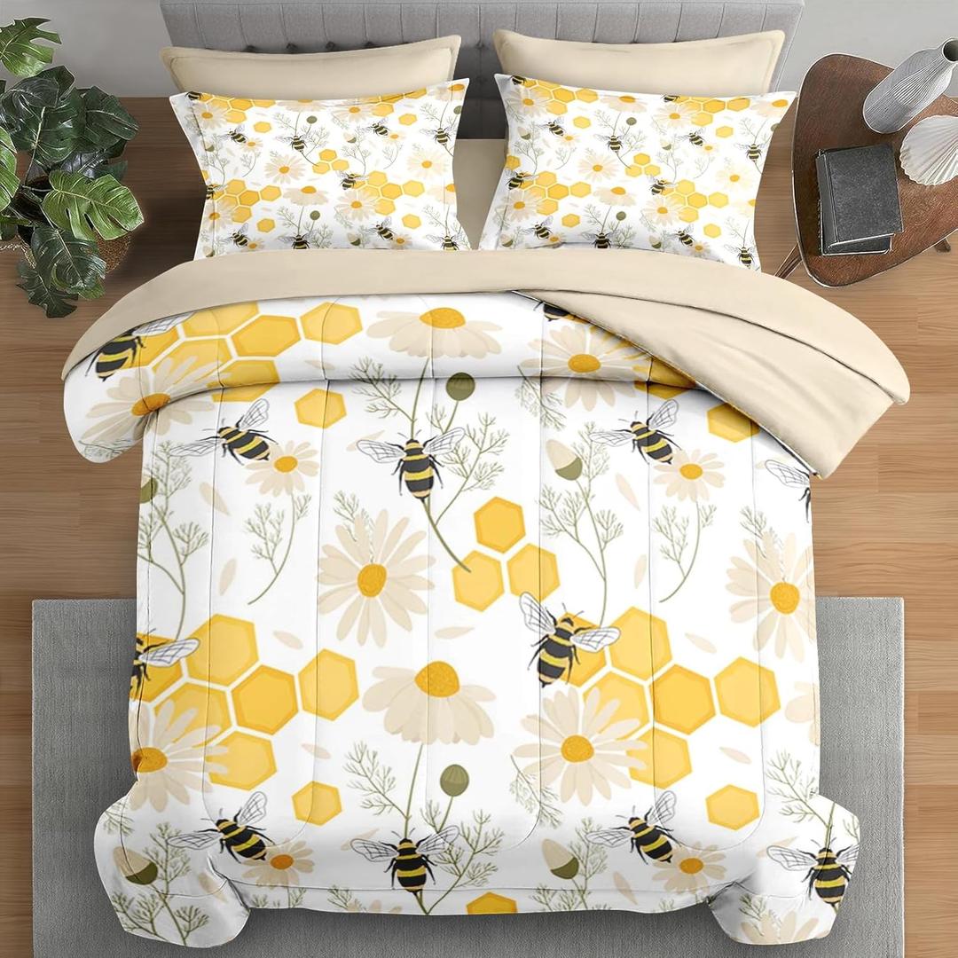 Pamnest Comforter Set Full Size, Bees Honey Flower 7 Pcs Bedding for Kids and Adults, Spring Floral Summer Bed Sheet Sets with Fitted Sheet 2 Pillowcases & 2 Shams for Bedroom Bed Decor