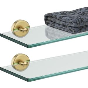 JQK Bathroom Glass Shelf Gold, Tempered Glass Shower Storage 12 by 5 inches, 304 Stainless Steel Brushed Gold Wall Mount 2 Pack, TGS101L12-BG-P2