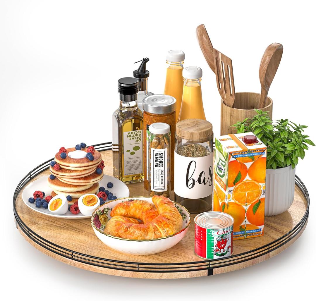 21" Lazy Susan Oak Wood Turntable Organizer for Cabinet, Farmhouse Round Wooden Large Lazy Susan Organization and Storage for Dining Table, Pantry, Kitchen, Countertop, Cupboard, Home Decor (Brown & Black)