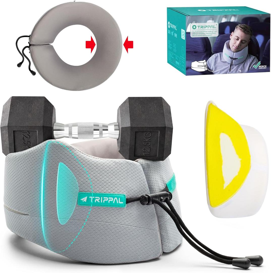 Airplane Sleeping Travel Pillow: 360 Chin & Neck Support with Flat Back for Side Sleepers on Long-haul Flights - Dual-Density Memory Foam (8lb Non-Collapsing) to Prevent Head Bobbing