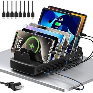 510W Fast Charging Station for Multiple Devices, 10 Port USB C Charger Station with Flame-Retardant Material & 8 Cables for iPhone, Android, iPad, Tablets, Family Office Desk Charging Dock Organizer