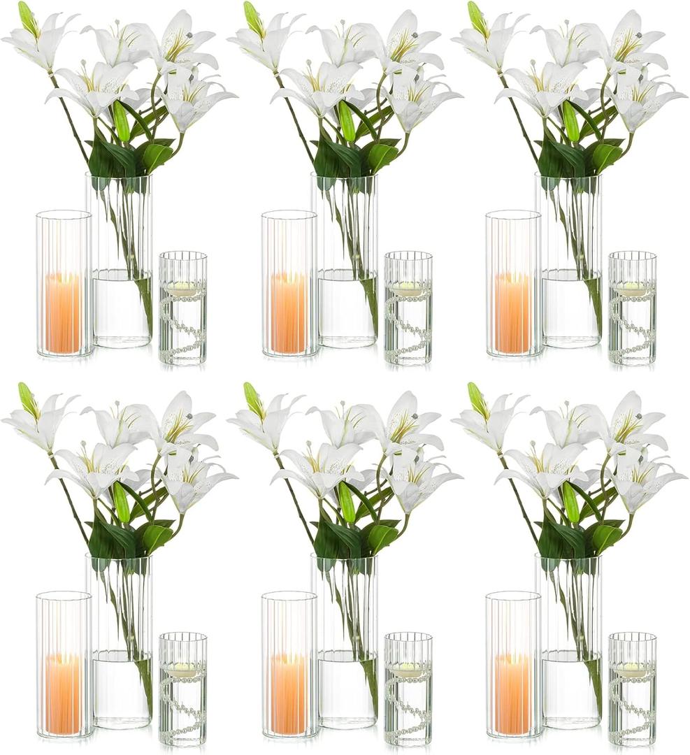 Hewory Glass Cylinder Ribbed Vases Set of 18, Tall Clear Vase for Centerpieces, Hurricane Candle Holders for Pillar or Floating Candles, Round Vases for Wedding Anniversary Events Home Table Decor