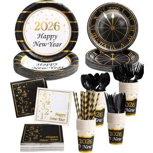 128PCS New Year Plates and Napkins Party Supplies - 2026 - Serves 16 Guests - Happy New Year Eve Plates, Napkins, Cups, Cutlery, Straws NY Party Decorations Favors