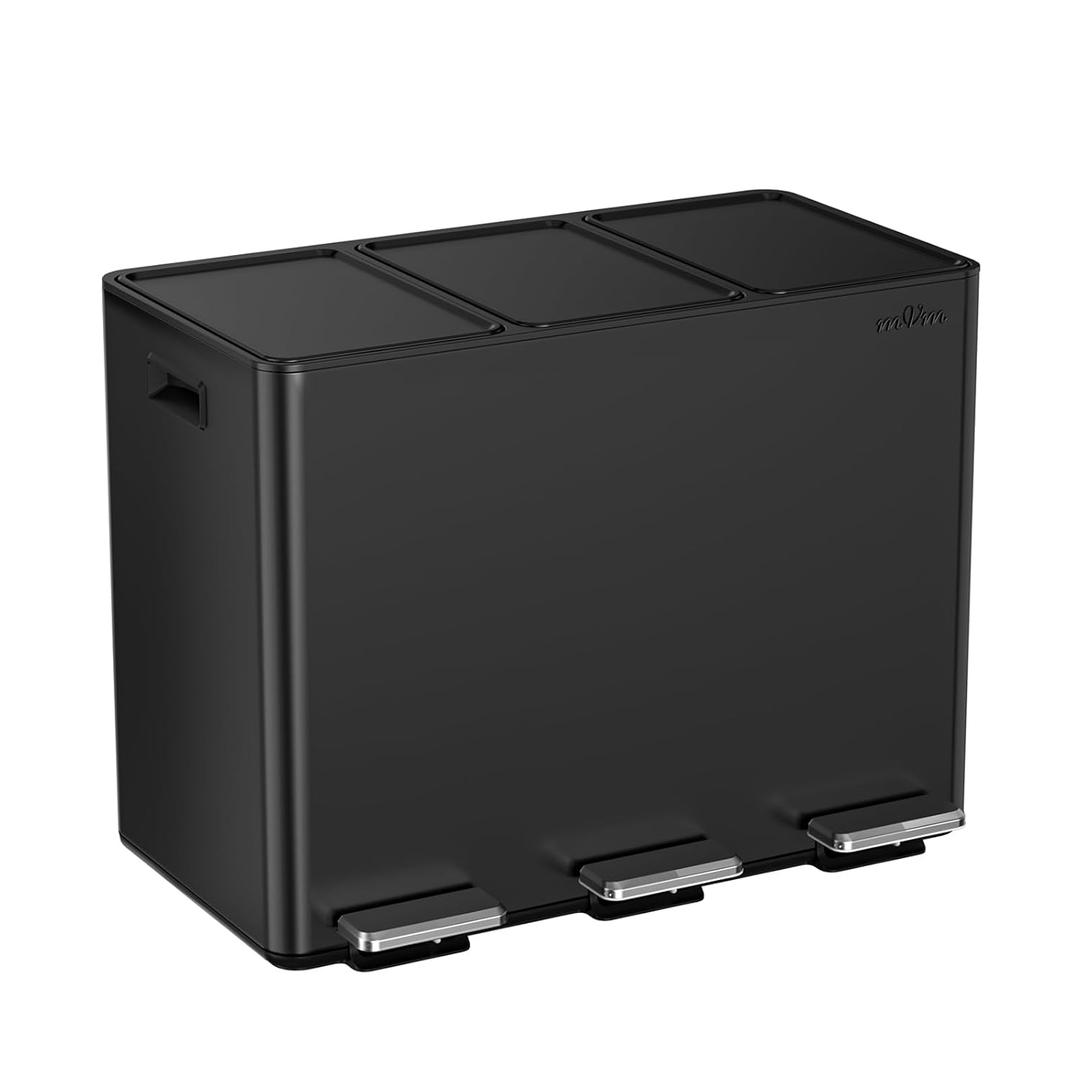 mVm 12 Gal 3 Compartment Trash Can, Triple Step Trash Can with Lid, Modern Kitchen Office Garbage CanBlack (45L)