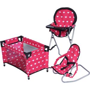 Mega Baby Doll Accessories Set, 3-1 Baby Doll Crib, Baby Doll High Chair & Bouncer Seat. 18 inch Doll Accessories with Doll Bed. 18" Dolls Furniture Play Stuff. Toys for Girls Ages 3-5,4-6,5-7,8-10 (Pink Hearts)