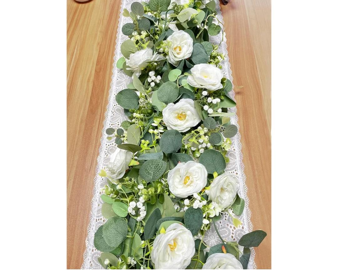 2 Pack 6Ft Artificial Eucalyptus Flower Garland with White Roses, Faux Floral Greenery Garland Fake Flower Vines for Wedding Party Centerpiece Table Runner Arch Party Decor 2PCS,White