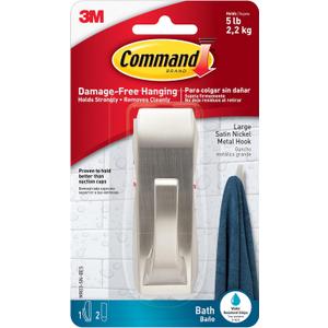Command Modern Reflections Large Metal Bath Hook, Satin Nickel, 1-Hook with Water-Resistant Strips, Organize Damage-Free