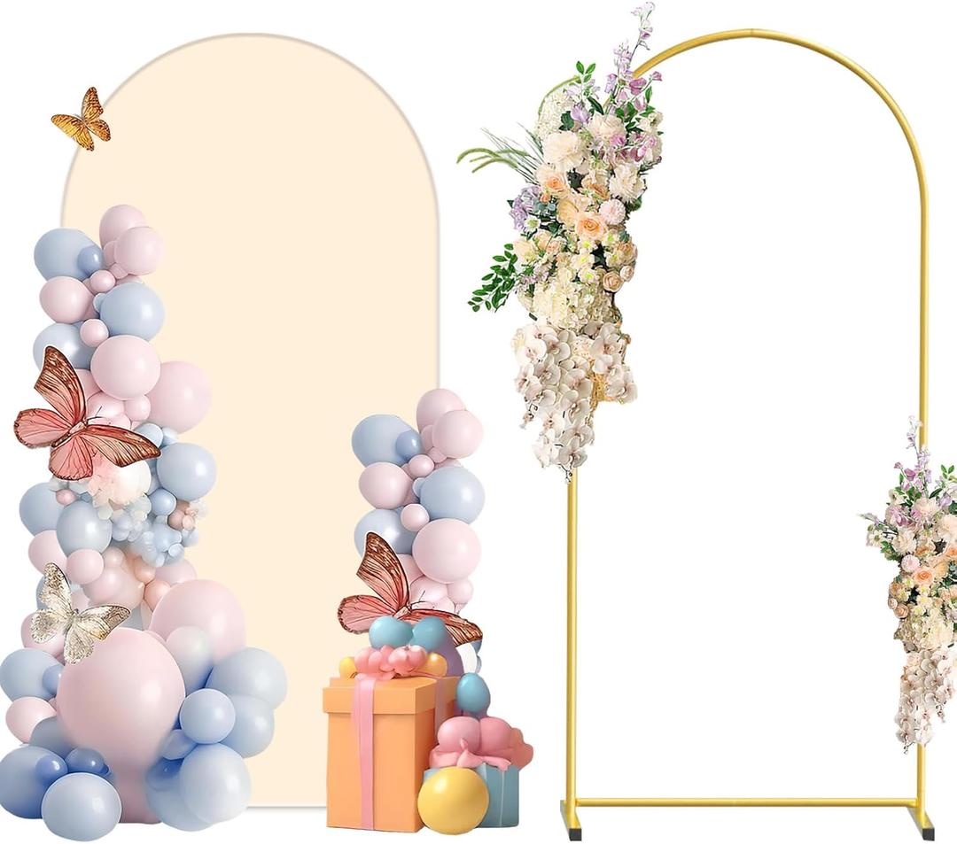 Metal Arch Backdrop Stand and Cover Set, 6FT Beige Reusable Spandex Fitted Backdrop Cover and Gold Wedding Arch Frame for Baby Shower, Birthday, Parties Decoration