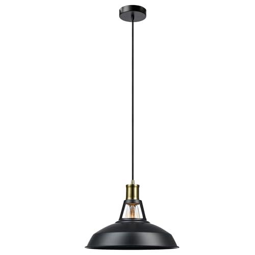 GLOBE Electric 65712 Robin 1-Light Plug-in or Hardwire Pendant, Satin Black, Antique Brass Accents, 15ft Black Woven Fabric Cord, in-Line On/Off Rocker Switch