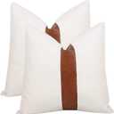 Cygnus Set of 2 White Linen Patchwork Faux Leather Throw Pillow Covers for Couch Living Room Bedroom, Modern Accent Decorative Square Cushion Covers 20x20 inch (White, 20x20 inch)
