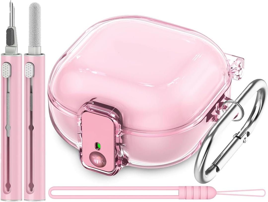 [with Safety Lock] Clear Case for Samsung Galaxy Buds FE(2023)/Buds 2 Pro(2022)/Buds 2(2021)/Buds Pro(2021)/Buds Live(2020),Accessories with Anti-Lost Keychain/Silicone Wrist Strap(Pink)