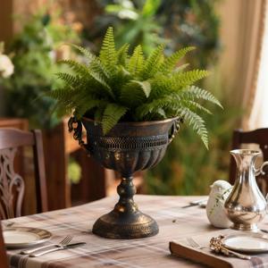 Vintage Urn Planter, 11.5" Distressed Metal Vase with Embossed Design, Rustic Centerpiece for Mantel, Table, Entryway or Living Room Decor
