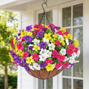 Realistic Artificial Hanging Flowers for Outdoors with Basket, 1 Set Large Size UV Resistant Artificial Outdoor Flowers, Full Faux Outdoor Flowers Fake Hanging Flowers for Porch, Front Door, Garden