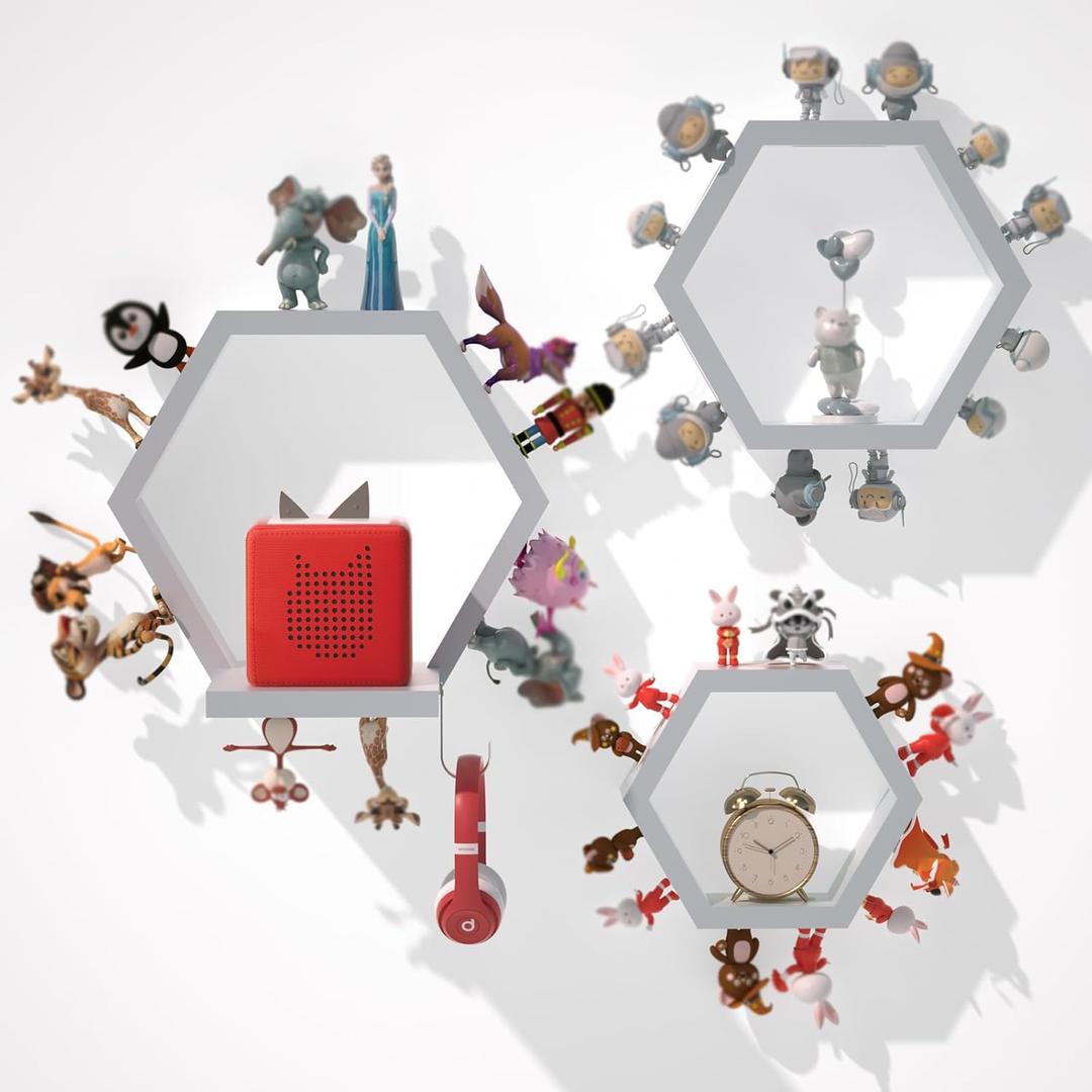 Hexagon Tonies Shelf Magnetic - Tonies Storage Shelf Set of 3 for Kid Room, Wooden Magnetic Display Shelf for TonieBox Holder, Wall Floating Shelves Toy Storage Compatible with Tony Accessories(Grey)