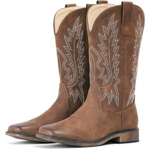 IUV Cowboy Boots For Women Square Toe Wide Western Boots Mid Calf Cowgirl Boots Pull On Embroidered Brown Cowboy Boots