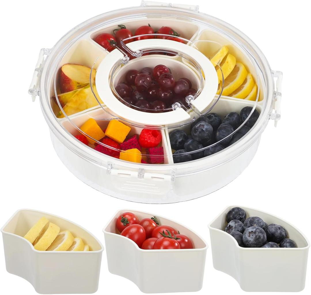 Divided Serving Tray with Lid, Removable 5 Compartment Fruit Storage Containers for Fridge, Divided Snack Veggie Fruit Tray with Lid, Platter Tray for Parties (Round)