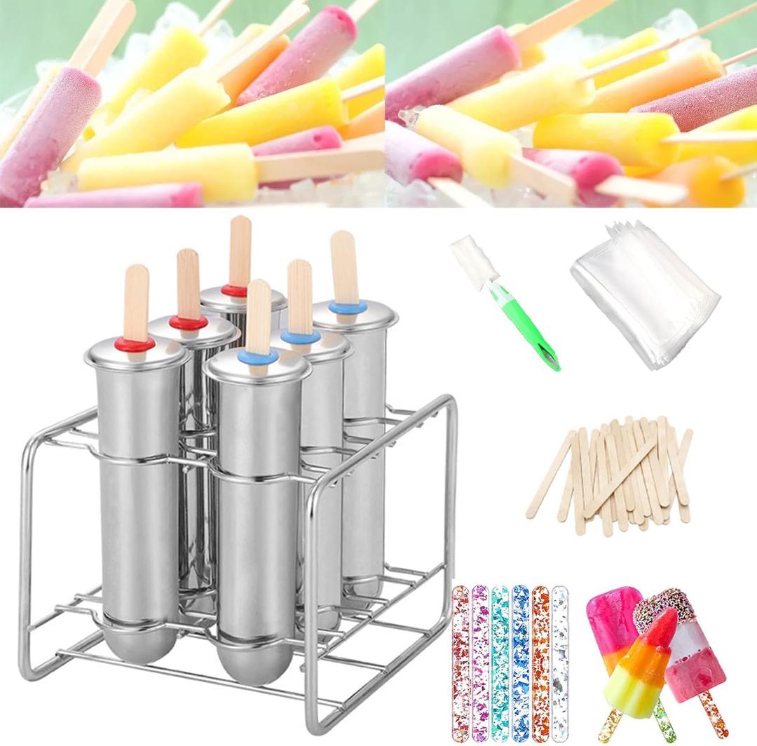 Set of 6 Stainless Steel Popsicle Molds Kit, Metal Popsicle Moulds,Homemade Ice Treat Makerwith 50 Wooden Sticks and 6 Silicone Seals and 20 Pop Bags,Cleaning Brush