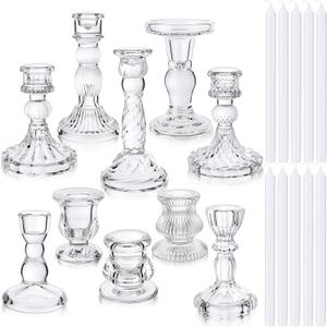 Mumufy 10 Sets Glass Crystal Taper Candle Holders Stand Centerpiece Bulk with 10 in Taper Candles Sticks Clear Decorations Table Wedding Dining Party (Transparent)